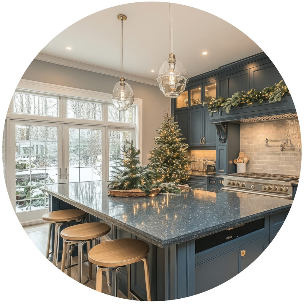 Image of a clean, welcoming modern kitchen with holiday decor on the countertops amidst a backdrop of glass doors overlooking a snowy yard.